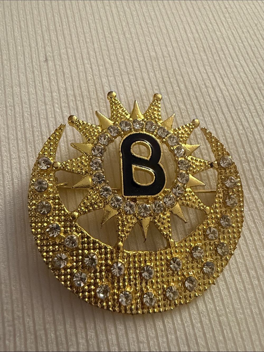 Gold-Tone 'B' Initial Sun & Crescent Brooch with Crystal Accents